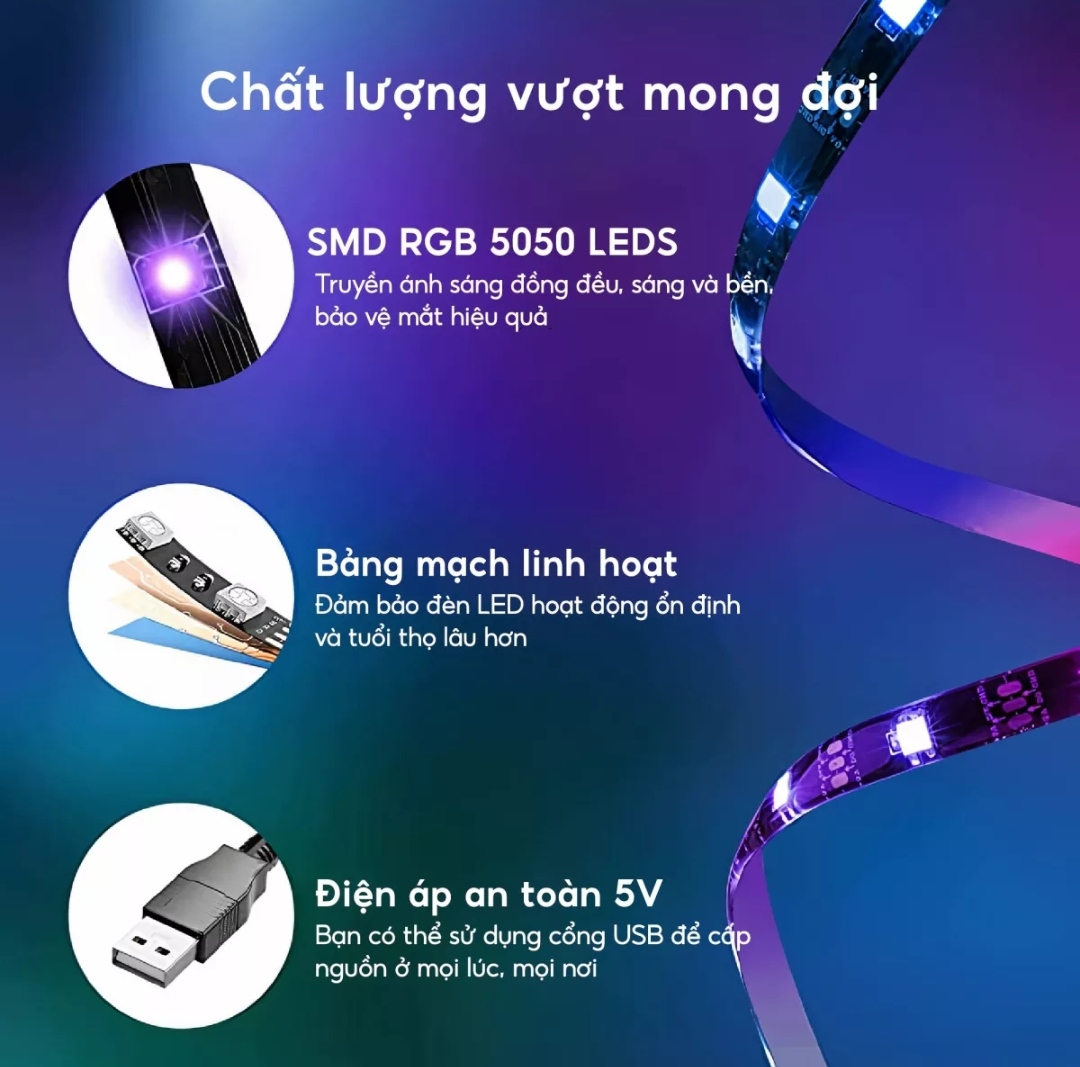 Dây đèn led RGB 16 triệu màu, LED RGB 5050 điều khiển thông minh, led dán tường thông minh