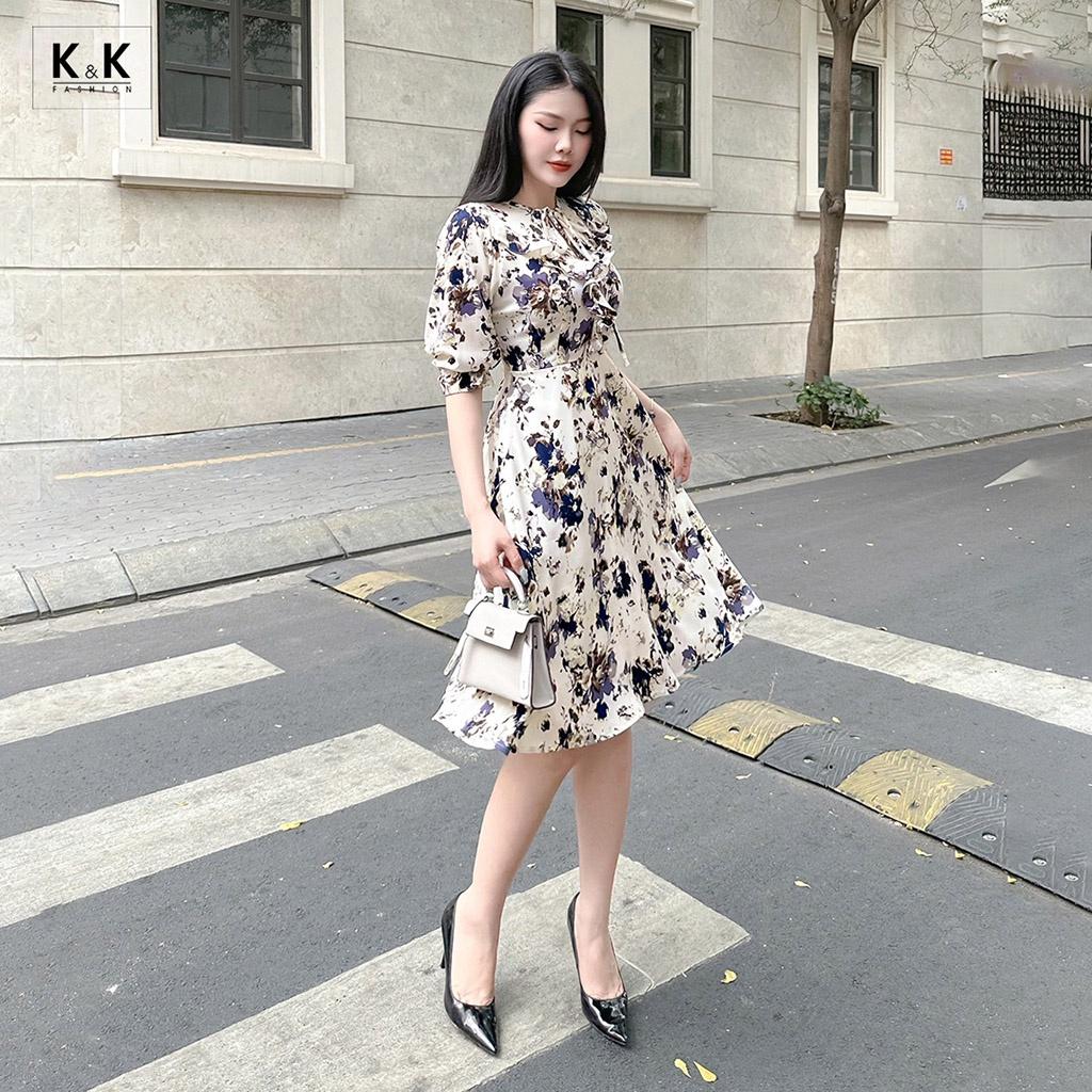 Đầm Xòe Hoa Phối Nơ Viền Bèo K&amp;K Fashion KK116-39 Chất Liệu Silk