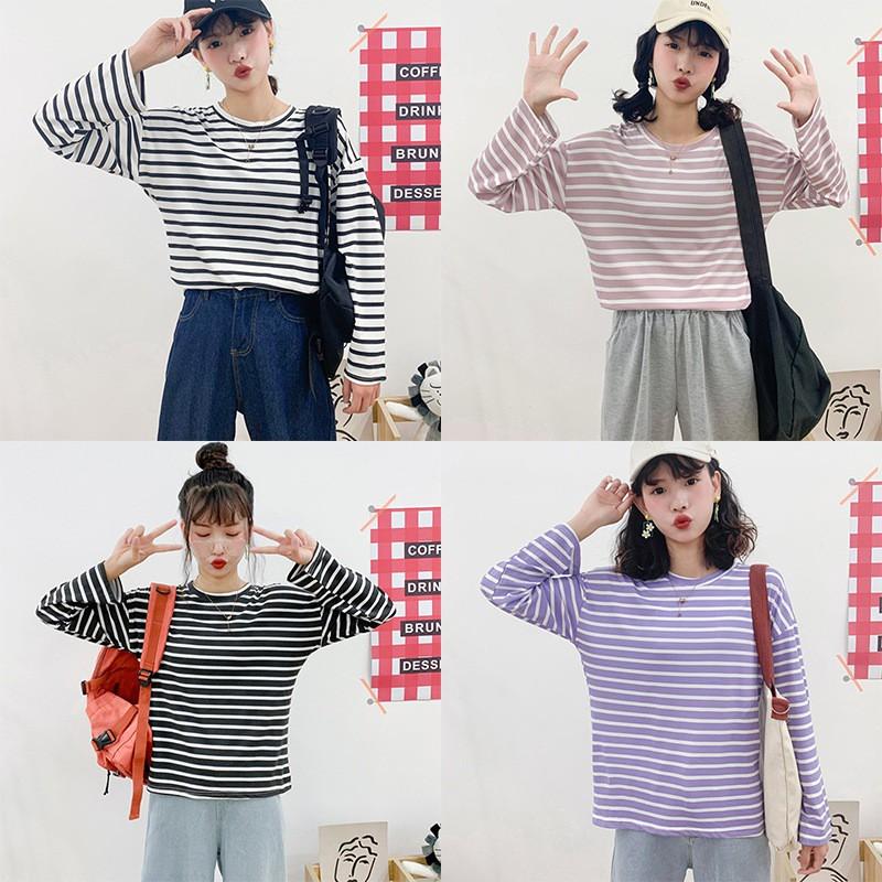 Áo Thun Nữ Tay Dài Họa Tiết Kẻ Sọc Ngang Thời Trang