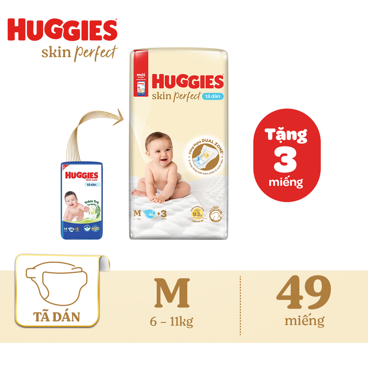 Tã/bỉm dán sơ sinh Huggies Skin Perfect M 46+3 miếng với 2 vùng thấm giảm kích ứng da