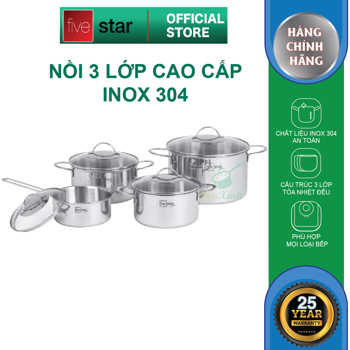 Bộ Nồi Inox 304  bếp từ 3 lớp đáy liền 4 món nắp kính Fivestar tặng 2 muỗng canh