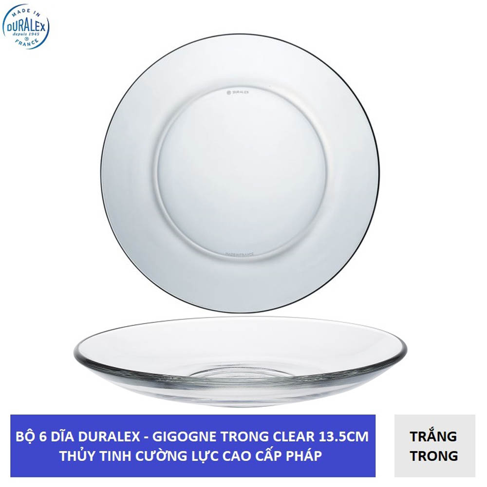 Bộ 6 Dĩa D4007A Duralex - Gigogne Trong Clear 13.5cm Thủy tinh cường lực cao cấp Pháp