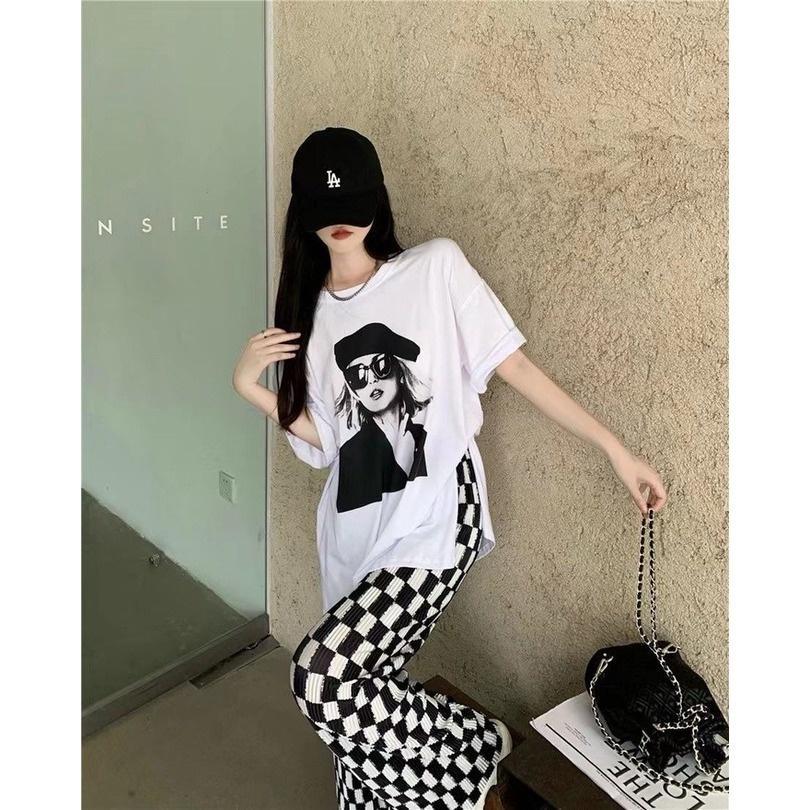 Set Áo Thun Ngắn Tay + Quần Dài Ống Rộng Lưng Cao Thời Trang Cho Nữ