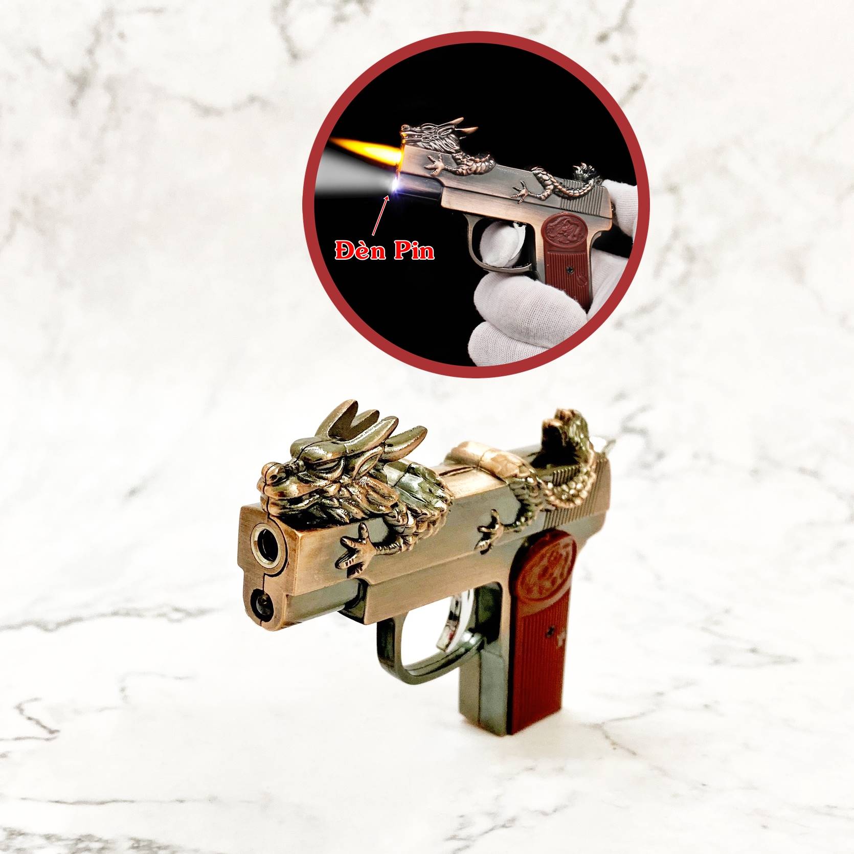 Hột quẹt bật lửa khè hình xúng rồng cuộn có đèn pin size 9.5cm - xài gas