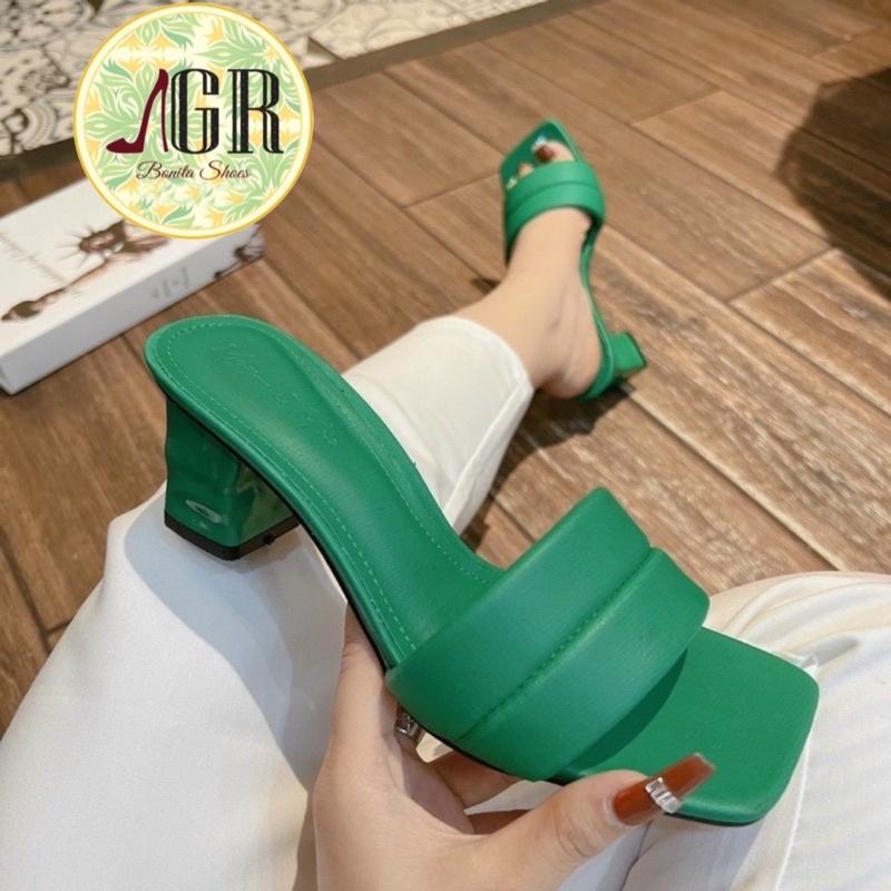 Guốc bản phồng viền giữa gót trụ nổi 6 cm