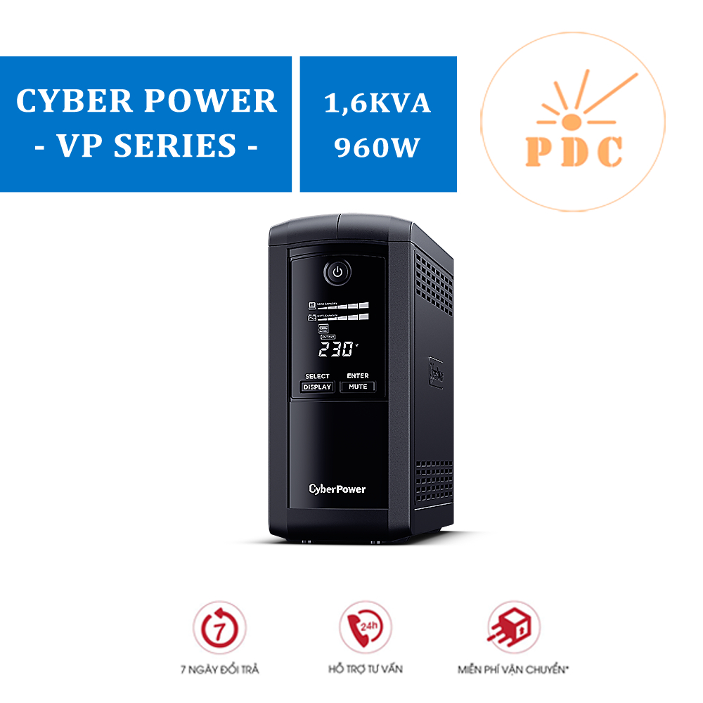 Bộ lưu điện UPS CyberPower VALUE Pro VP1600ELCD - 1600VA/960W - Tích hợp điều khiển Nas, pc, Màn hình hiển thị LCD, dòng sản phẩm cao cấp - Hàng Chính Hãng