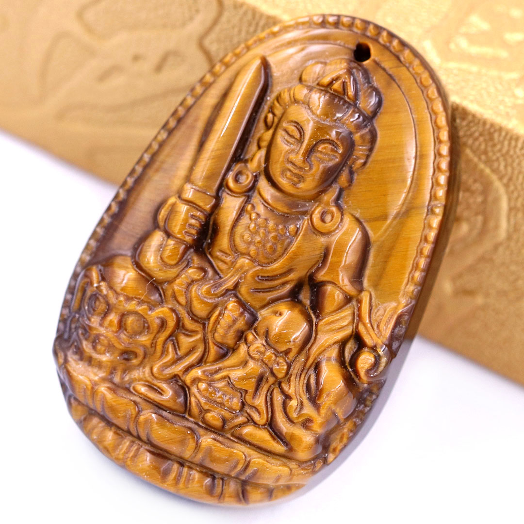 Mặt Phật Văn thù đá mắt hổ 3.6 cm kèm móc và vòng cổ dây cao su nâu, Mặt Phật bản mệnh