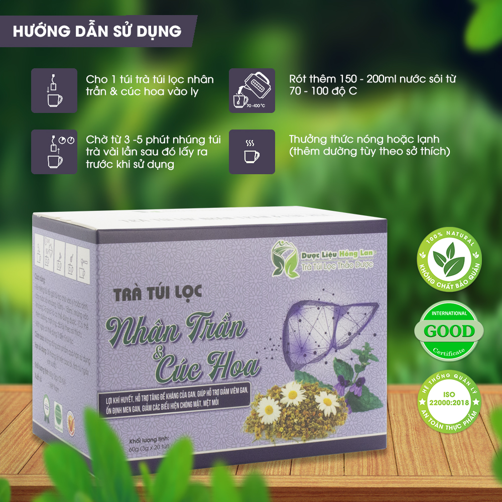 Trà Túi Lọc Nhân Trần & Cúc Hoa Vàng 60g (20gói x 3g) Dược Liệu Hồng Lan