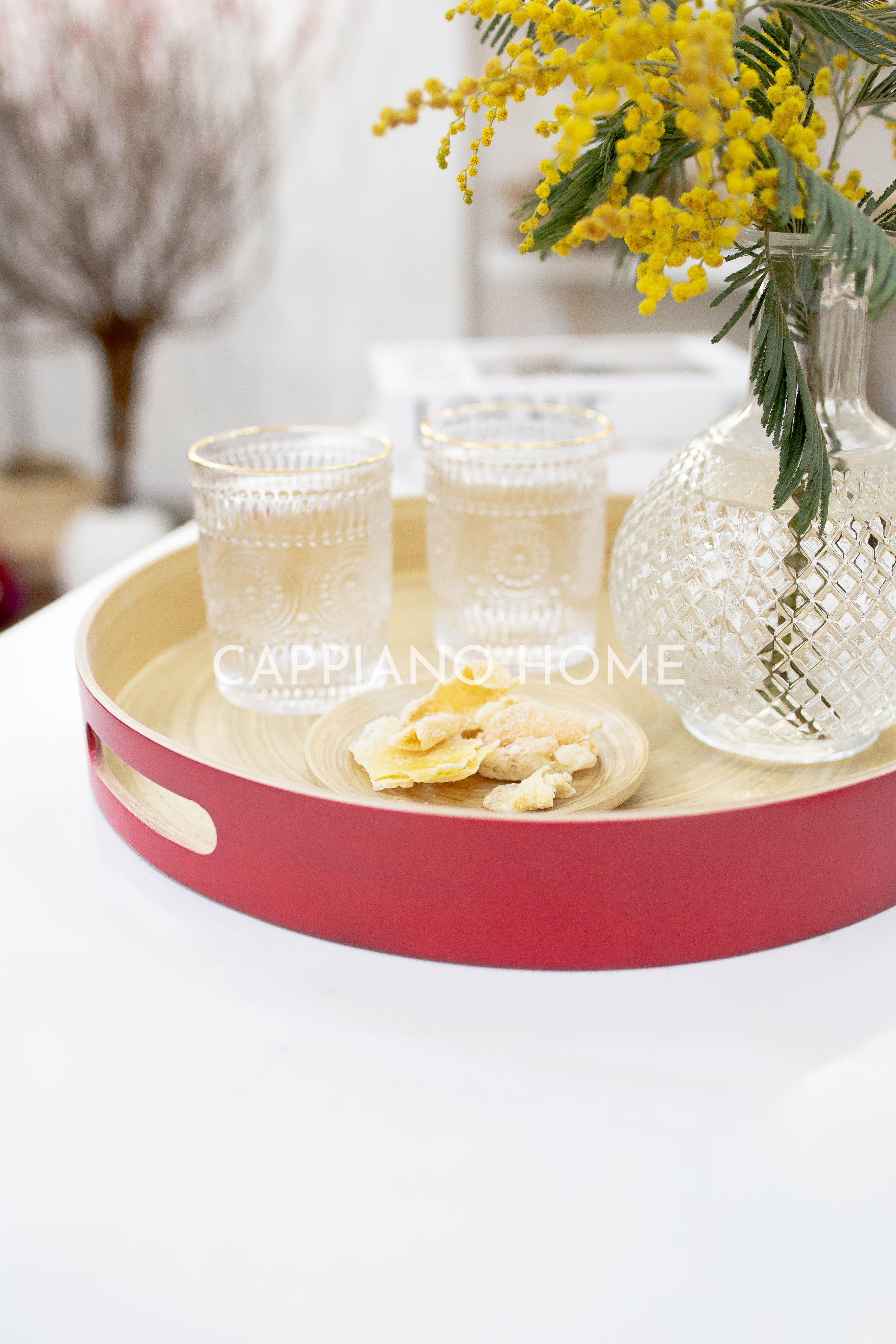 Khay gỗ tre hình tròn tay nắm, khay đựng đồ màu sắc | Cappiano home