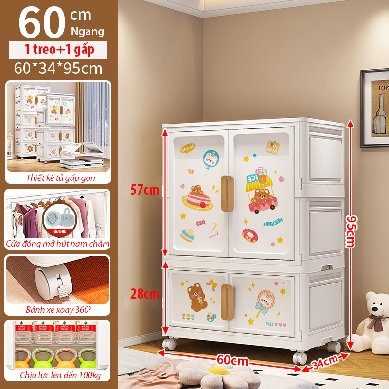 Tủ Nhựa Gấp Gọn Hoạt Hình Có Ngăn Treo Quần Áo Nubie, Hộp Gấp Đựng Đồ Thông Minh, Tháo Lắp Dễ Dàng, Có Thể Tách Tầng
