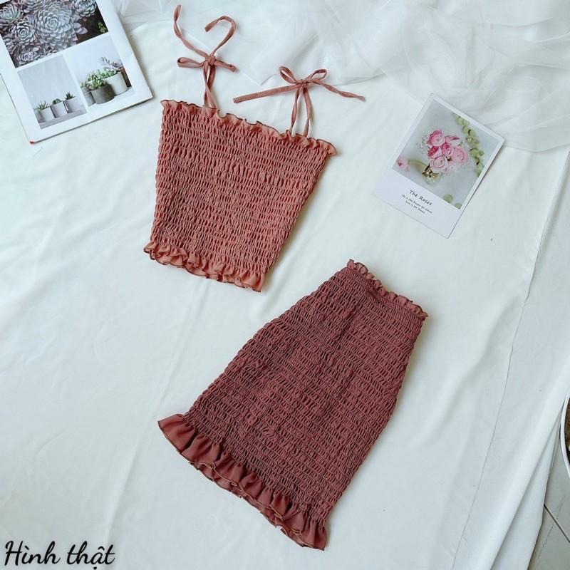 Set áo 2 dây kềm chân váy nhún siêu xinh chất voan nhún -U