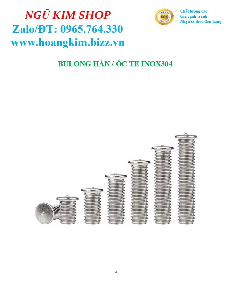 BULONG HÀN _ ỐC TE INOX304 M3, M4, M5, M6, M8