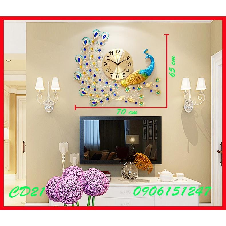 Đồng hồ treo tường trang trí decor chim công CD21 Khổng Tước xanh kích thước 70 x 65 cm