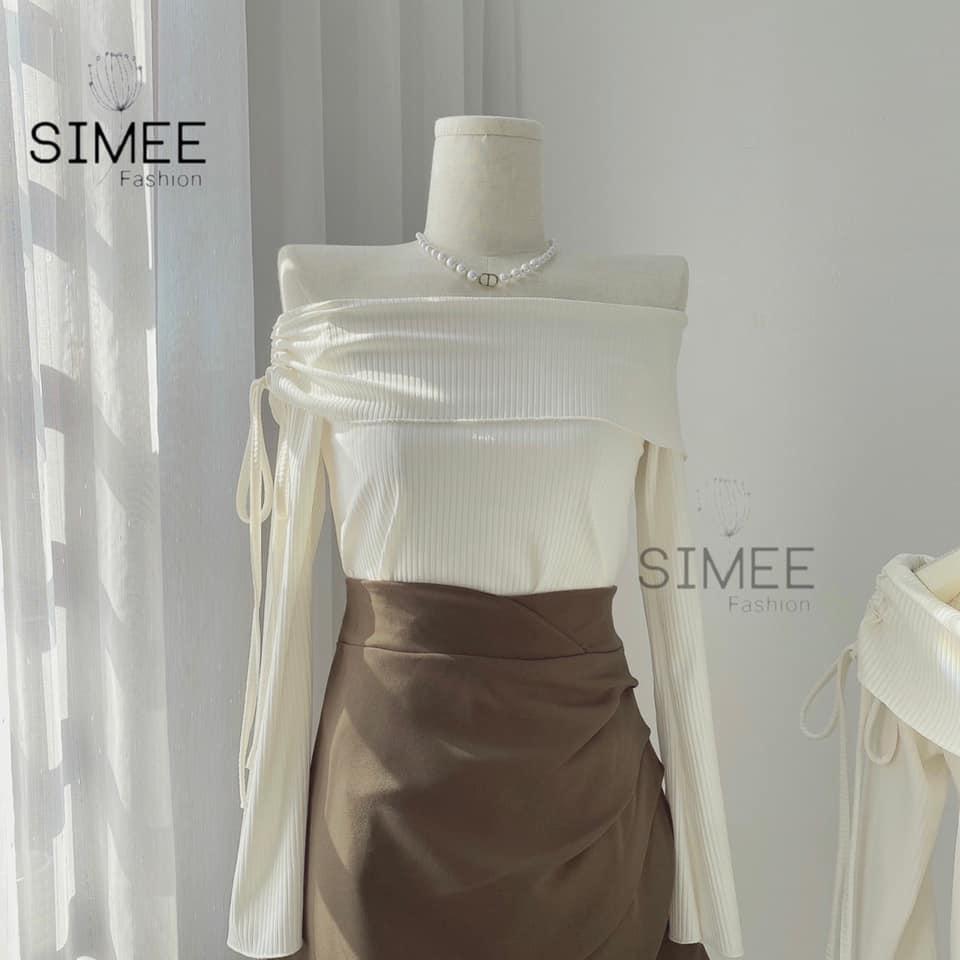 Set Áo Len Tăm Trễ Vai Mix Chân Váy Tuyết Mưa