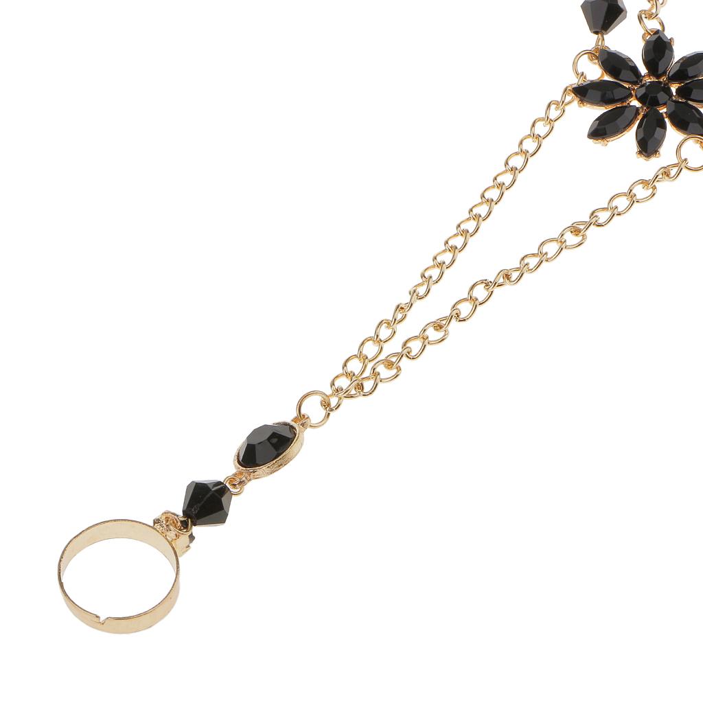 Black Rhinestone Hand Harness Bracelet Gold Slave Chain Link Finger