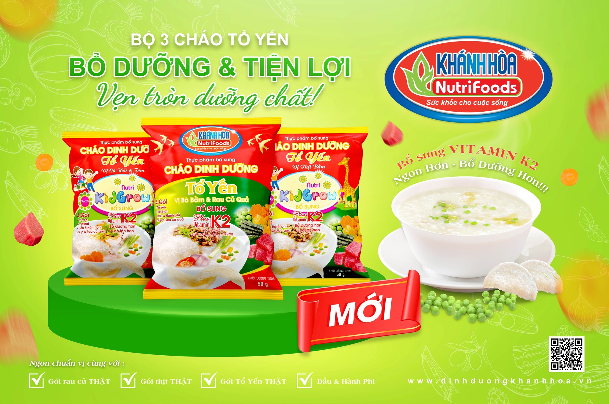 Cháo Dinh Dưỡng Tổ Yến Nutri Kidgrow Vị Thịt Bằm Bổ Sung Vitamin K2 - Khánh Hòa Nutrifoods - GÓI 50G/THÙNG 30 GÓI