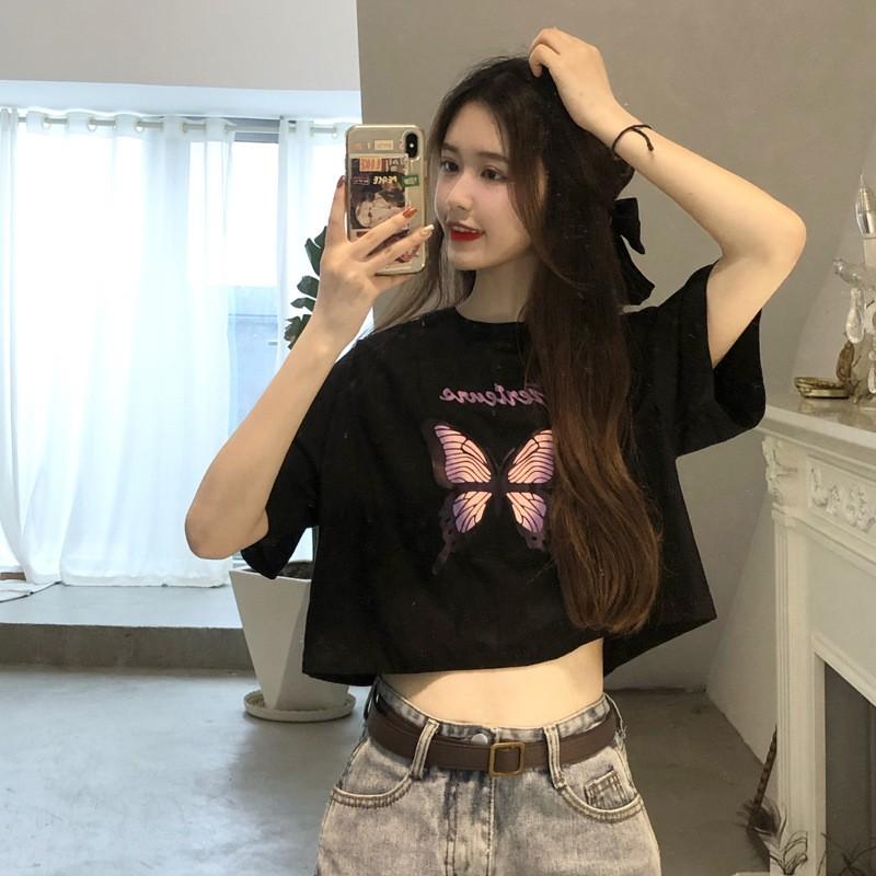 Áo thun croptop nữ form rộng tay ngắn ulzzang in hình Bướm trẻ trung phong cách Hàn Quốc C15 - Maoshop