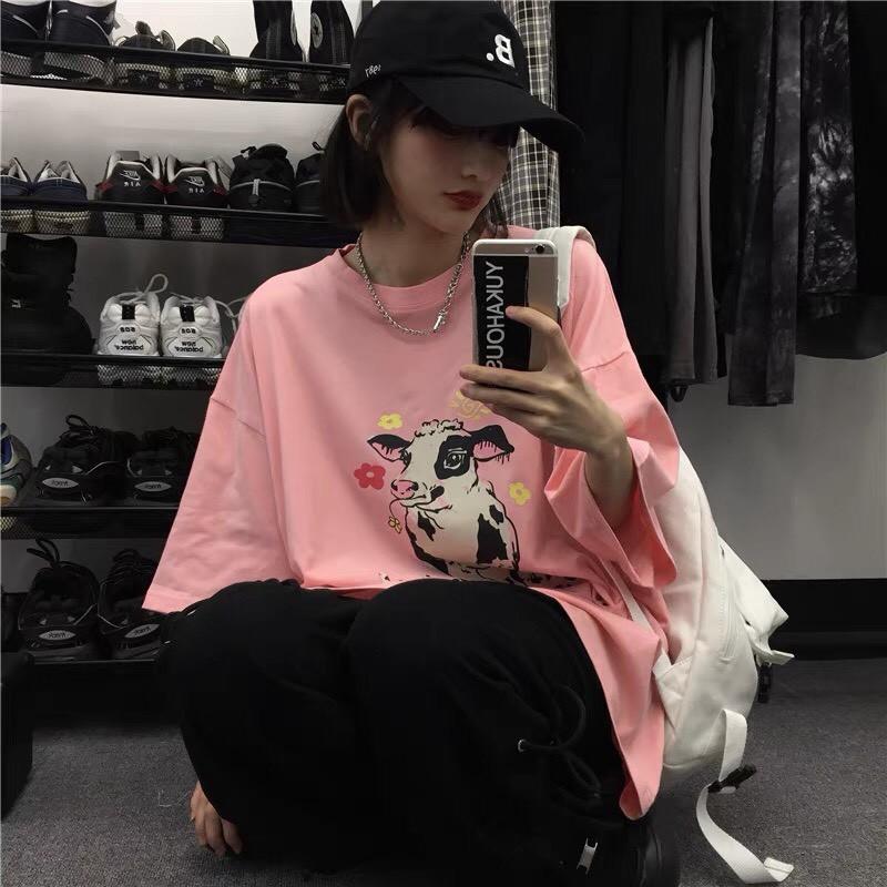 Áo thun unisex freesize bò sữa ảnh thật tay lỡ cổ tròn làm áo đôi áo nhóm 2021