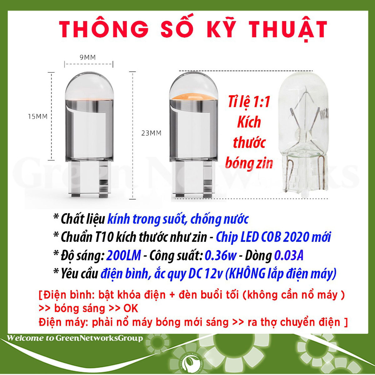 Đèn xi nhan demi thủy tinh T10 12V ô tô xe máy Green Networks Group ( 1 Cái )