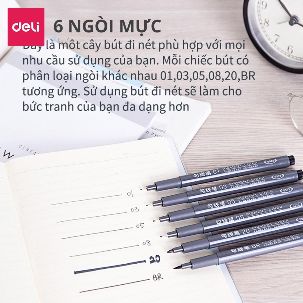 Bút kỹ thuật đi nét nhiều ngòi màu đen Deli - kháng nước - vẽ caligraphy phác thảo - bộ 6 chiếc - S573 .