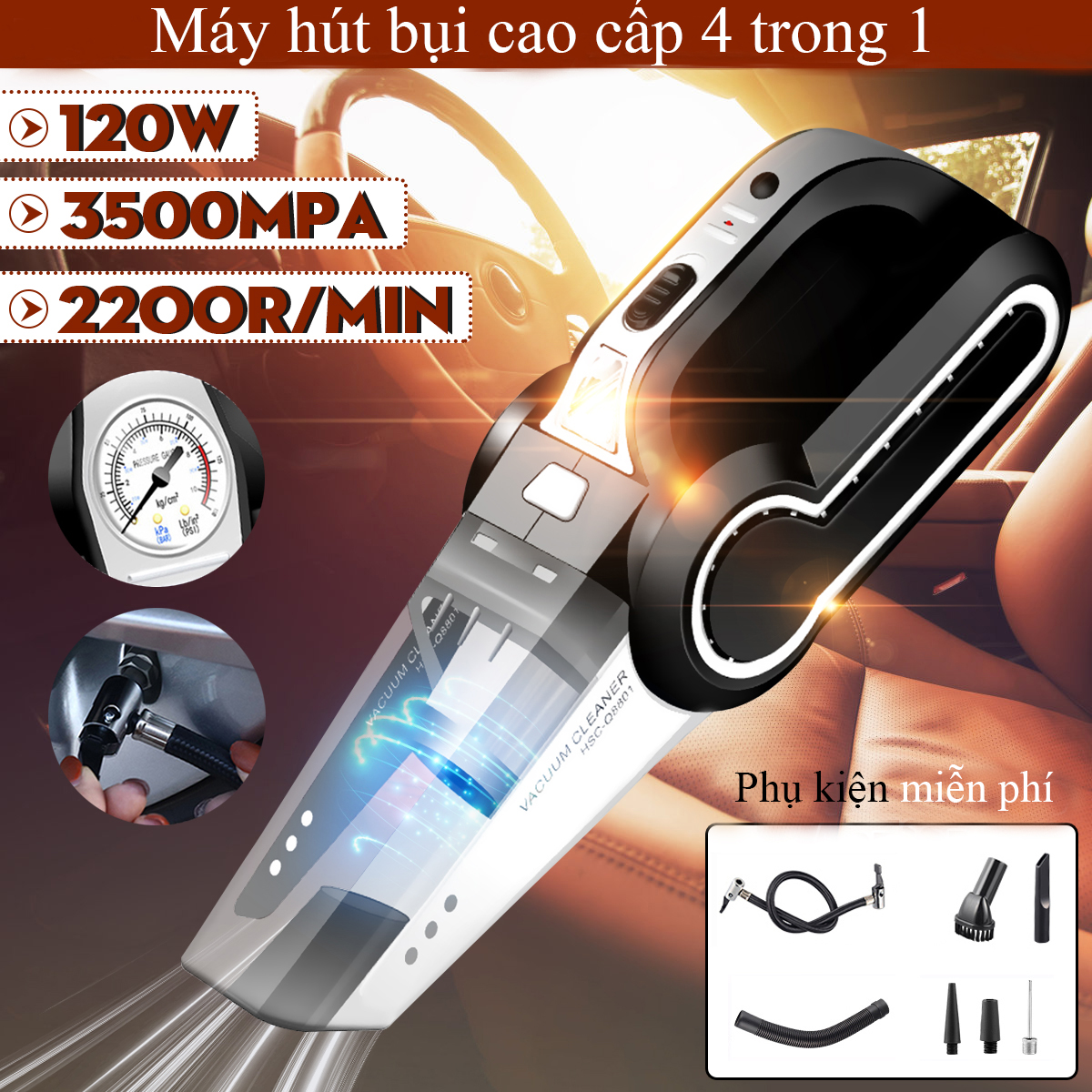 Máy Hút Bụi - Bơm Đồng Hồ Cơ, bơm lốp ô tô đa năng - K1014