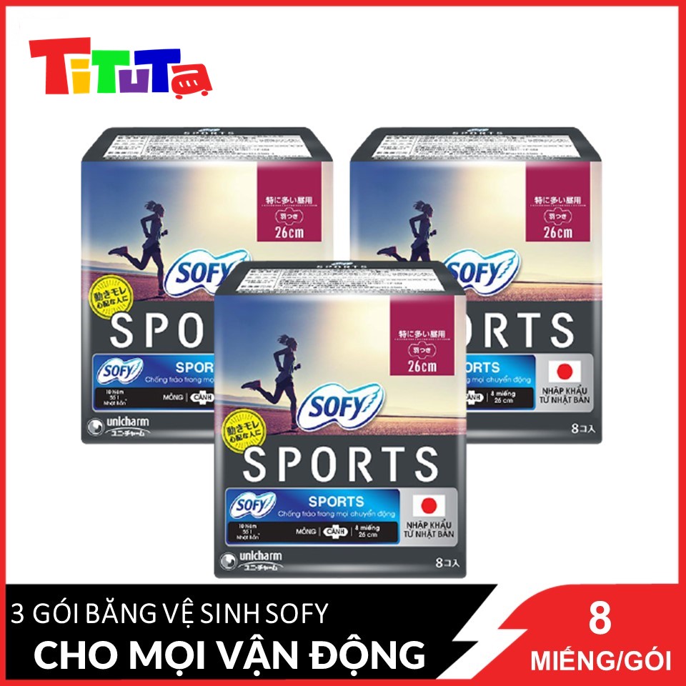 Combo 3 Băng Vệ Sinh Sofy Sports 26 Cm Chống Trào Trong Mọi Chuyển Động 8 Miếngx3