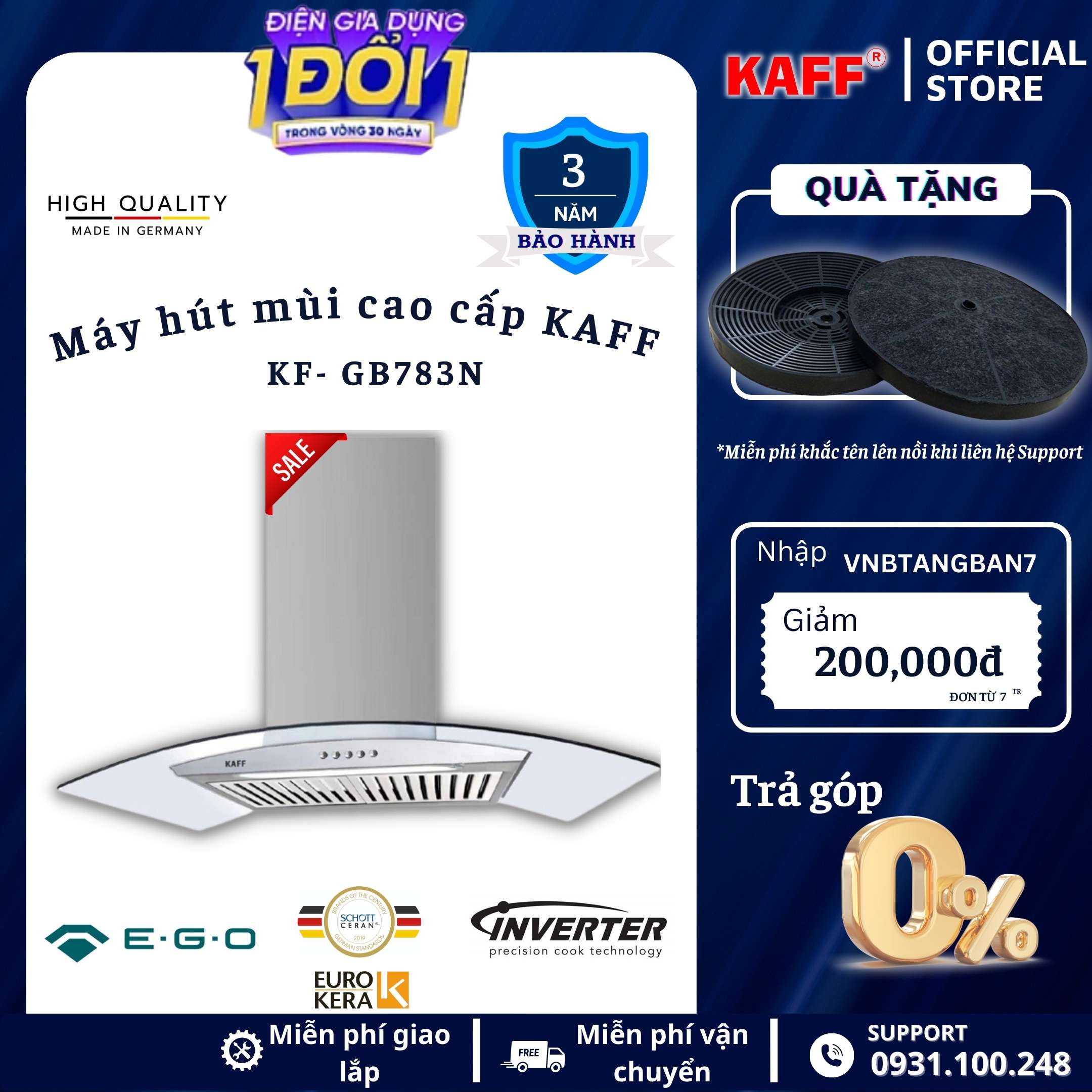 Máy hút mùi kính cong 700mm KAFF KF_GB783N Tặng bộ lọc than thay thế _ Hàng Chính Hãng