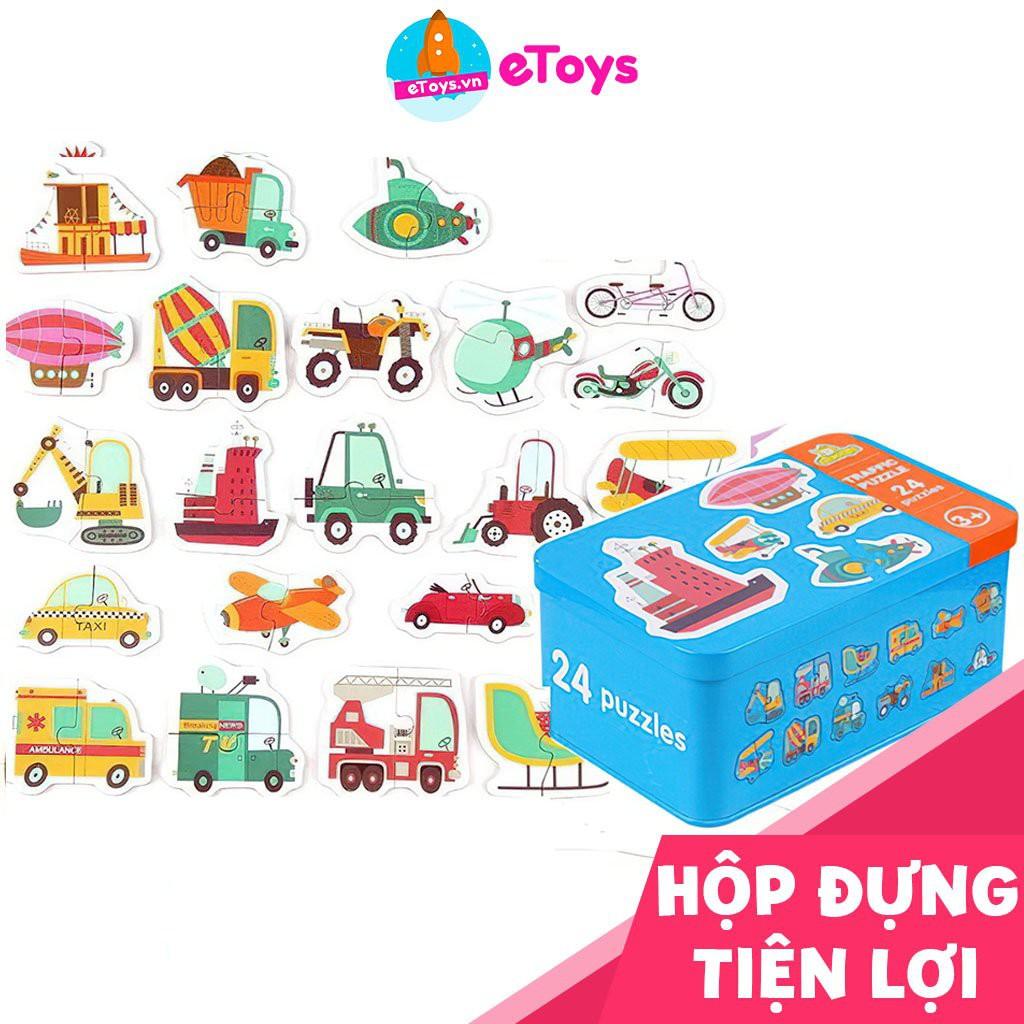 Xếp hình cho bé Puzzle 2 mảnh ghép 24 hình xe cộ hộp thiếc cho bé tập ghép