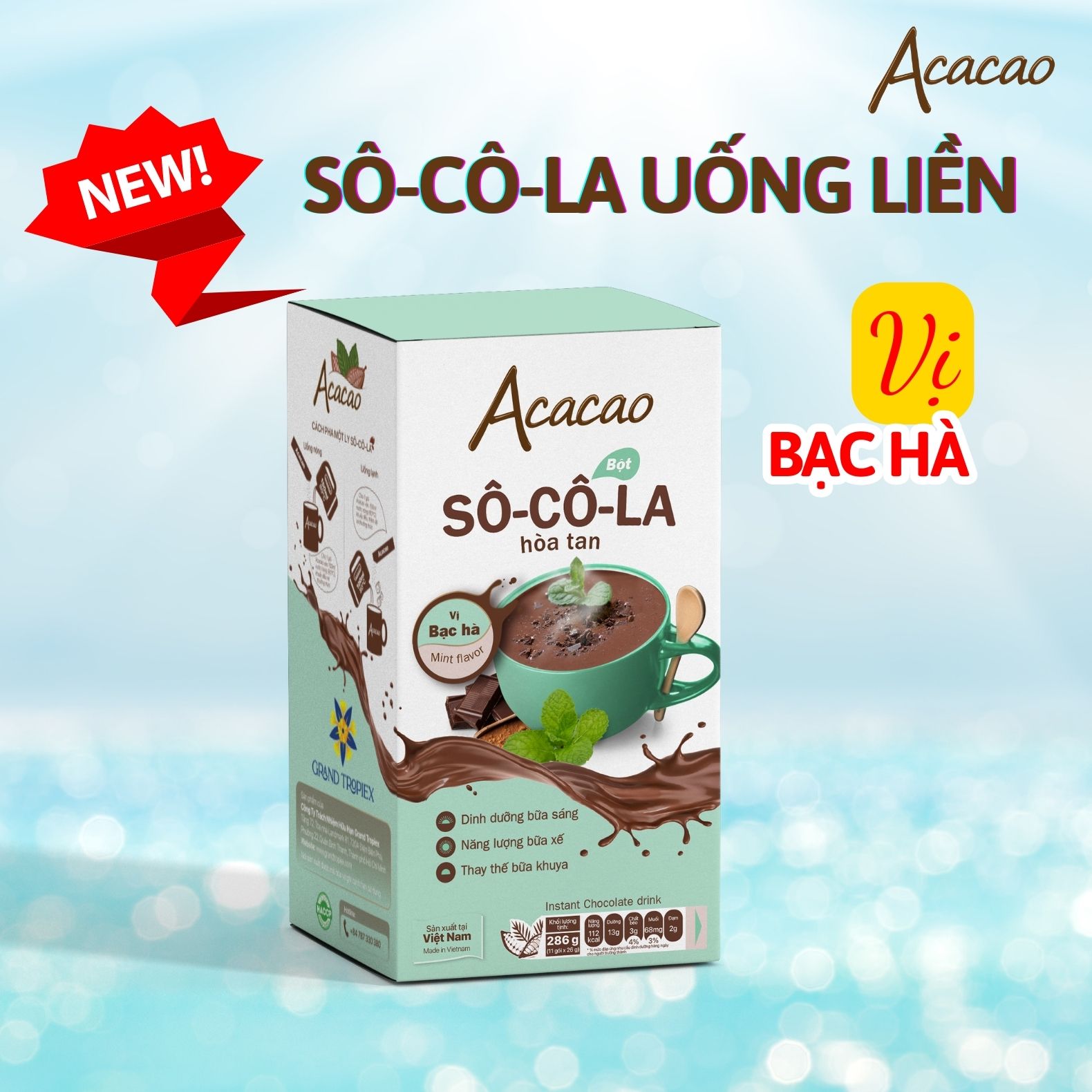 Bột socola hòa tan uống liền dinh dưỡng, Sô Cô La VỊ BẠC HÀ the mát sản khoái tăng cường miễn dịch