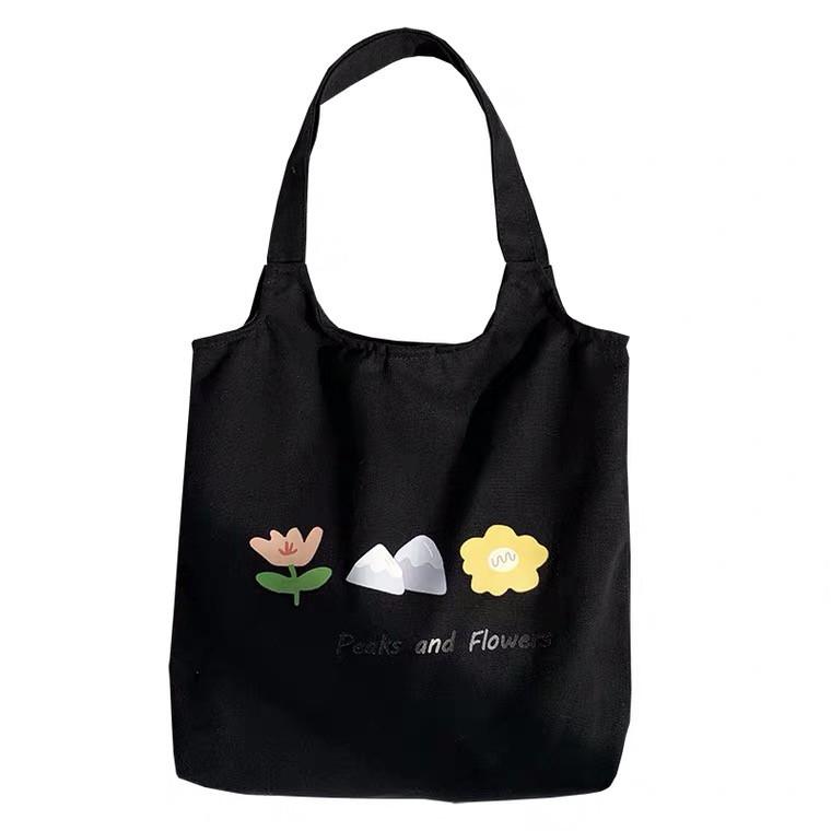 Túi tote vải Canvas liền thân in hình dễ thương có túi phụ cúc bấm