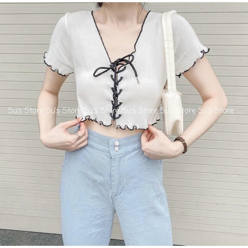 Áo croptop đan dây mắt cáo, ảnh thật trải sàn