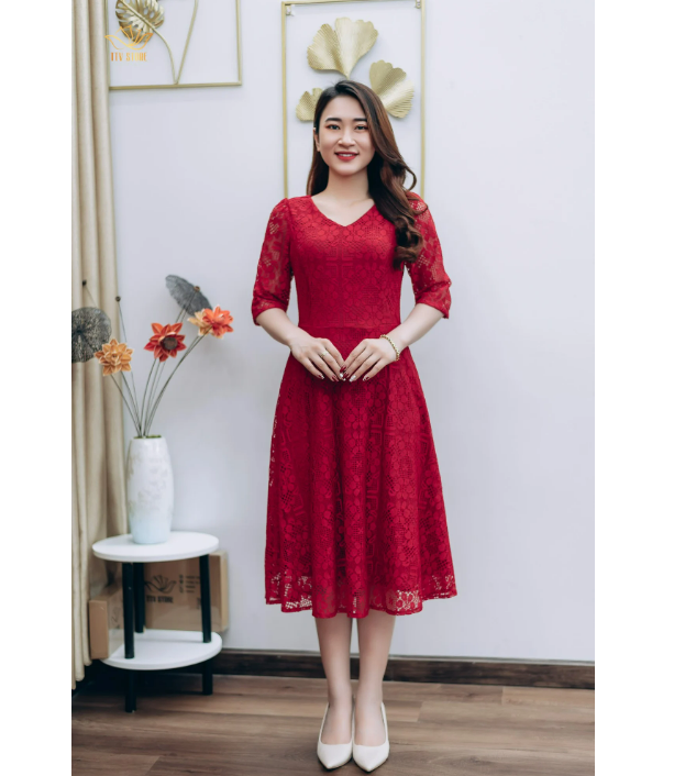 Đầm xòe ren thiết kế TTV Store Cổ tim tay lỡ gam màu Đỏ tươi thời trang TTV1219 tươi sáng, sang trọng