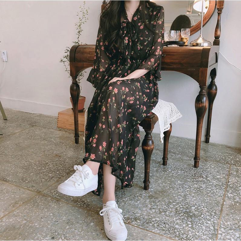 Váy hoa nhí tay lỡ dáng dài eo buộc nơ