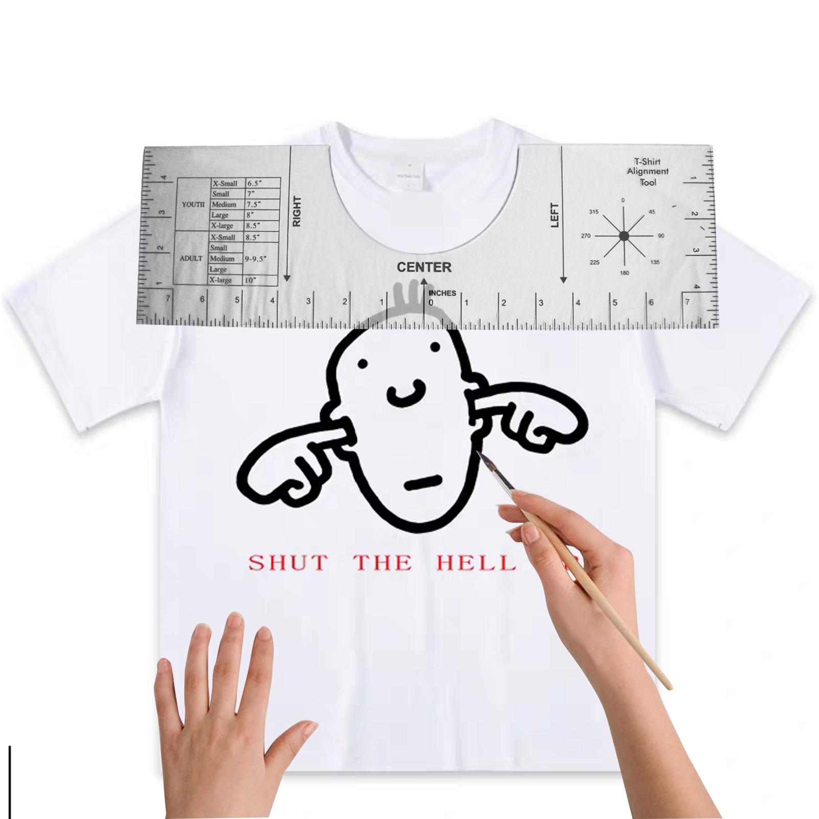 Thước căn chỉnh 16 x 5 inches dùng để đo áo thun cổ tròn, có vạch hướng ngực trái và phải cho nhiều kích cỡ khác nhau