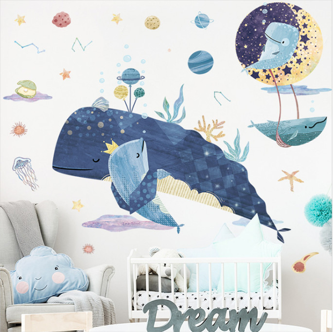 Decal trang trí tường - 2 Mẹ con cá voi ôm nhau