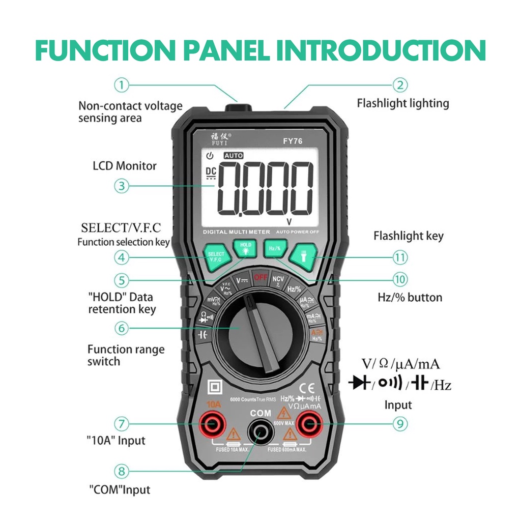 Đồng Hồ Vạn Năng Kỹ Thuật Số FY76 Vạn Năng Kế Có Thang Đo Tự Động Máy Đo RMS Thật 0 ~ 600V AC DC Với Màn Hình LCD Hiện Thông Số