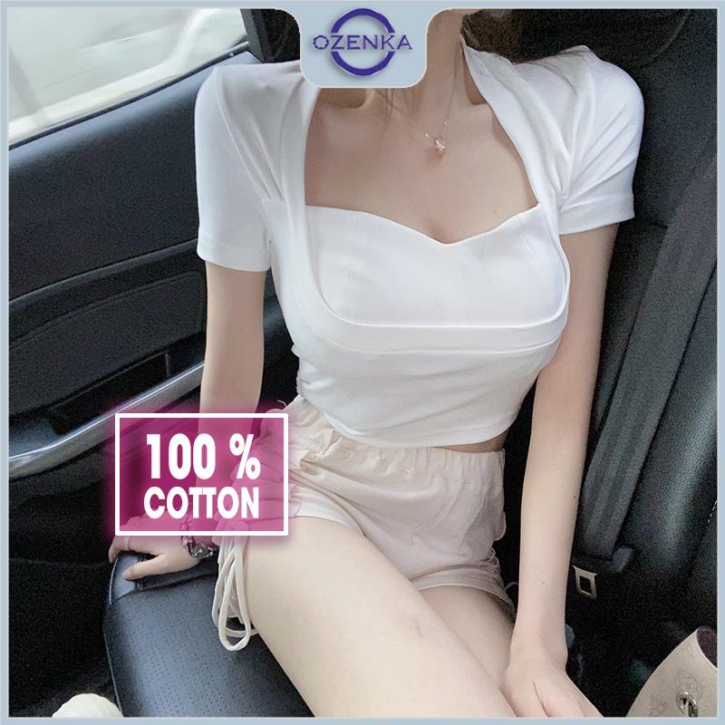 Áo croptop cổ vuông tay ngắn ôm body nữ , ao thun crt nữ kiểu Hàn Quốc màu đen trắng 100% cotton dưới 50 cân