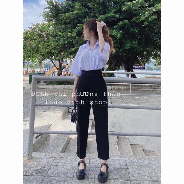 Quần tây khuy lệch lưng cao kiểu dáng công sở, quần baggy cúc lệch ống suông, màu đen cho nữ