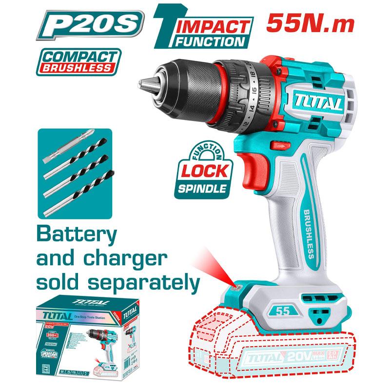 MÁY KHOAN BÚA KHÔNG CHỔI THAN DÙNG PIN 20V (KHÔNG KÈM PIN &amp; SẠC) 55NM TOTAL TIDLI205581 - HÀNG CHÍNH HÃNG