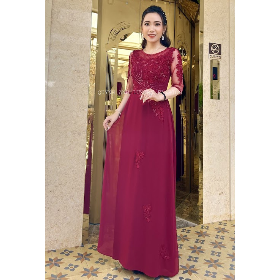 Áo Dài Dạ Hội Đám Hỏi Màu Đỏ Đính Đá Kết Hoa Anthea Dress