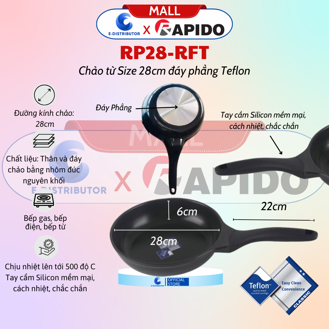 Chảo Từ Rapido Size 28cm Đáy Phẳng Teflon RP28-RFT - RP20-RFT (Size 20cm, Đáy Phẳng) - RP24-RDT (Size 24cm, Đáy Chấm) - Hàng Chính Hãng - Chịu Nhiệt Lên Tới 500 Độ C
