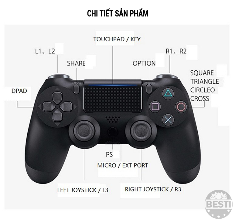 Gamepad Không Dây Bluetooth Ps/4 Black Besti BTY01 Cho Máy Tính - Điện Thoại - Máy Game Console Ps/4- Hàng Chính Hãng