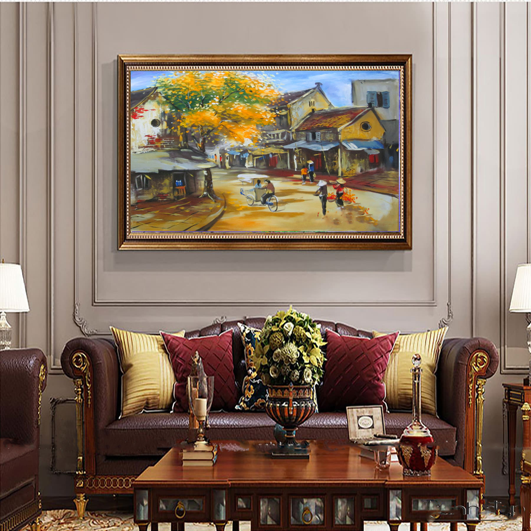 Tranh phố cổ - tranh vẽ tay - tranh sơn dầu - tranh treo phòng khách