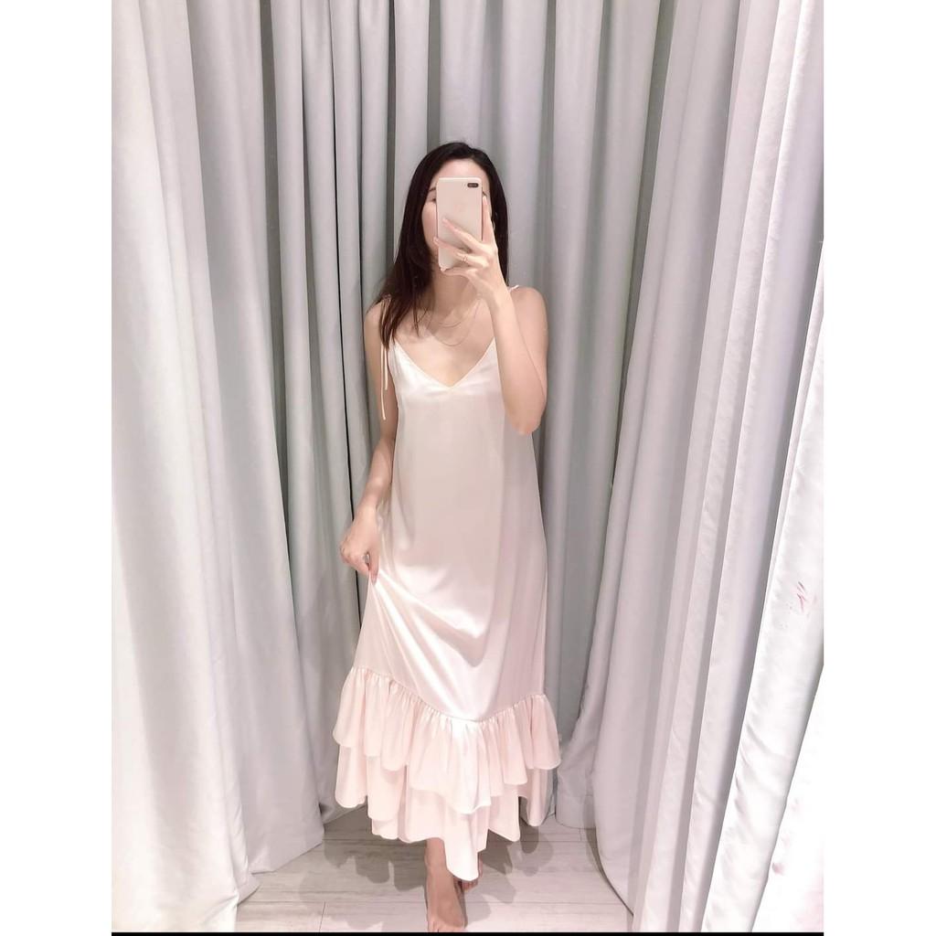 Váy ngủ lụa dáng Maxi 2 tầng bèo tặng kèm quần chip ren