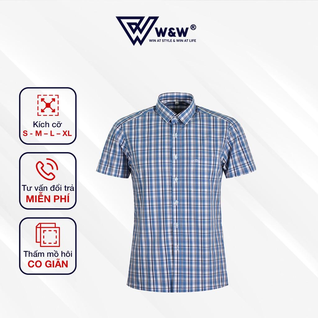 Áo Sơ Mi Nam W&amp;W Dáng Slim Fit Cổ Đức Tay Cộc Hoạ Tiết Kẻ, Chất Liệu Thấm Hút, Mềm Mịn Cao Cấp WSS203