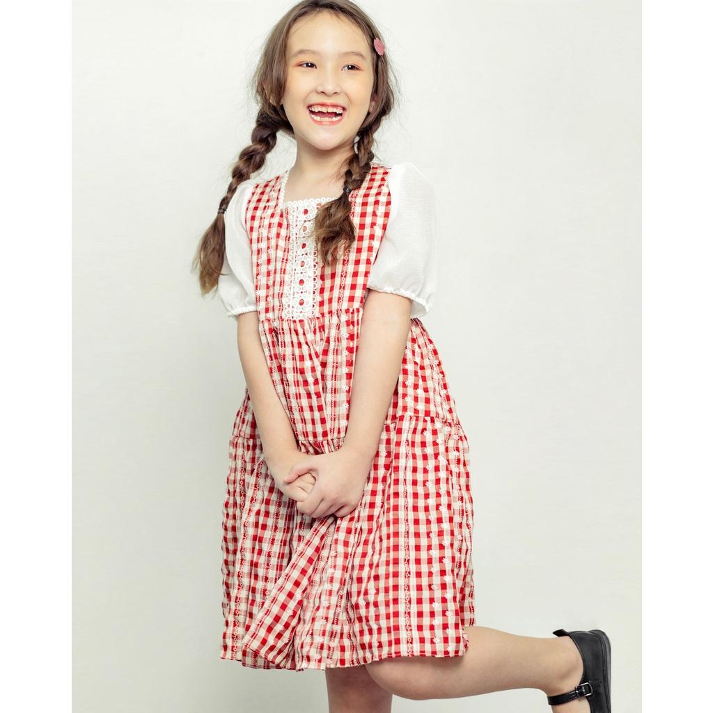 Váy đầm bé gái BYZU, vải cotton caro hoa nhí màu đỏ xinh xắn