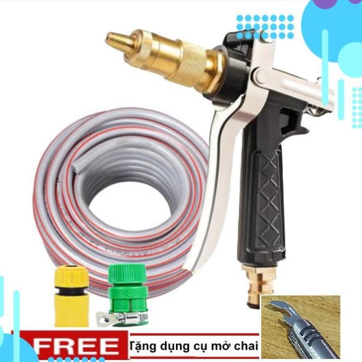 Bộ dây vòi xịt nước rửa xe, tưới cây . tăng áp 3 lần, loại 20m 206236 đầu đồng,cút,nối vàng+ tặng mở chai