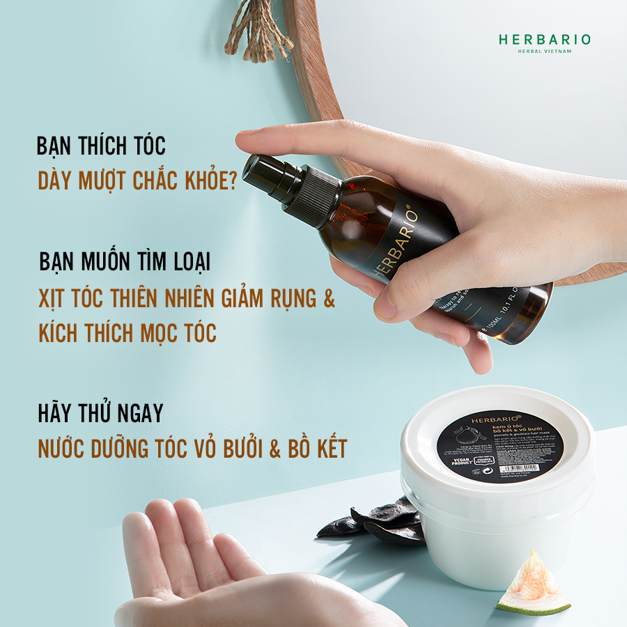 Nước dưỡng tóc Vỏ Bưởi &amp; Bồ Kết Herbario 100ml (pomelo peel &amp; gleditsia hair tonic) giúp giảm rụng tóc kích thích mọc tóc nhanh