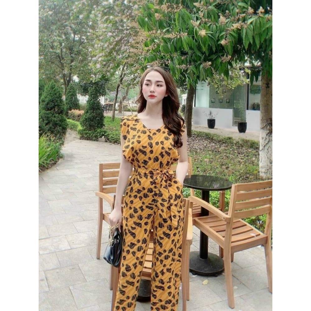 Jum ống rộng cổ V thắt nơ phối họa tiết thanh lịch, trẻ trung thời trang nữ dạo phố, đi biển