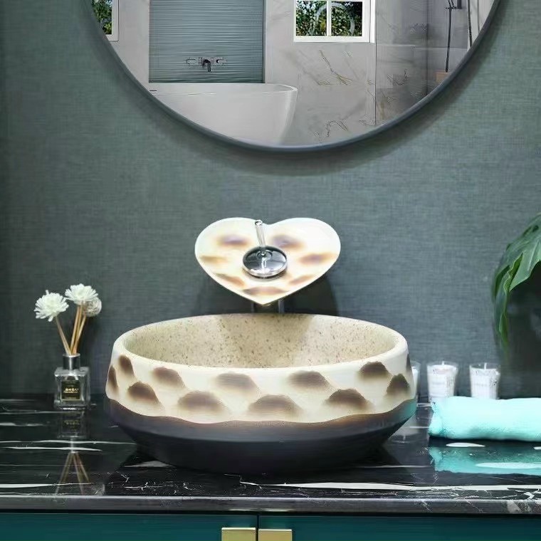 CHẬU RỬA MẶT LAVABO GỐM SỨ ĐẶT BÀN HÌNH TRÒN HỌA TIẾT HOA VĂN